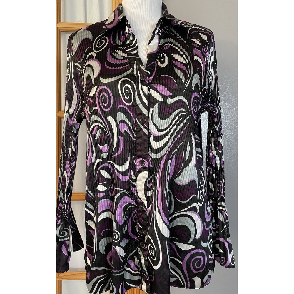 Ashley Stewart Pleated Button Blouse XL Purple Gray Abstract Flare Sleeve Party